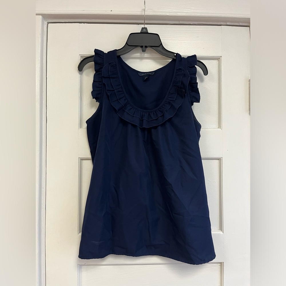 Women Tommy Hilfiger Ruffle Navy Blue Casual Work Sleeveless Top Blouse L